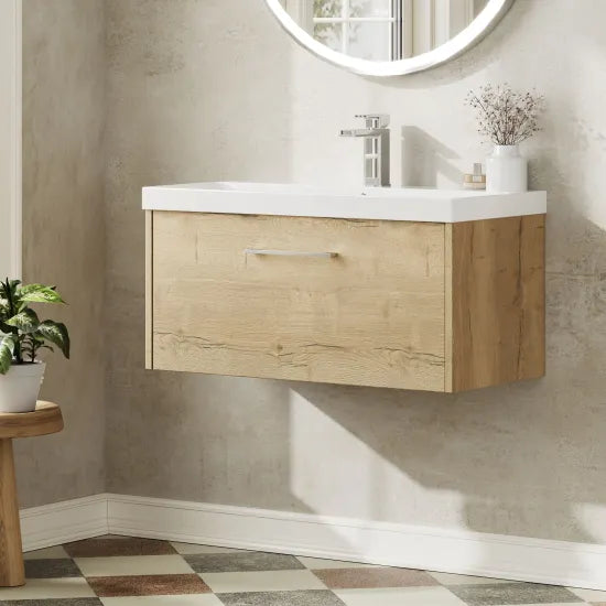 Hudson Reed Juno 800mm Autumn Oak 1 Drawer Wall Hung Vanity Unit With Thin Edge Basin