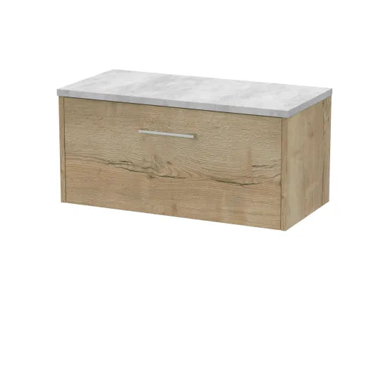 Hudson Reed Juno Autumn Oak 1 Drawer Wall Hung Vanity Unit With Bellato Grey Worktop