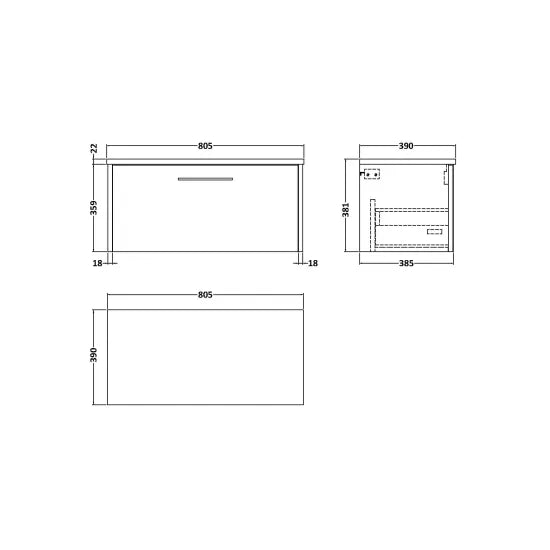 Hudson Reed Juno Autumn Oak 1 Drawer Wall Hung Vanity Unit With Bellato Grey Worktop