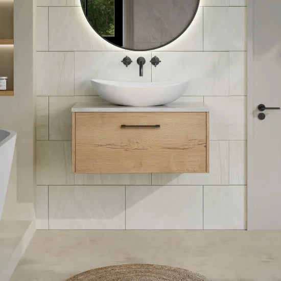 Hudson Reed Juno Autumn Oak 1 Drawer Wall Hung Vanity Unit With Bellato Grey Worktop