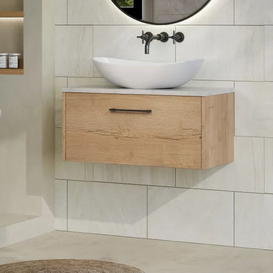 Hudson Reed Juno Autumn Oak 1 Drawer Wall Hung Vanity Unit With Bellato Grey Worktop