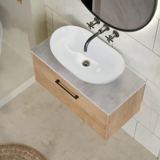 Hudson Reed Juno Autumn Oak 1 Drawer Wall Hung Vanity Unit With Bellato Grey Worktop