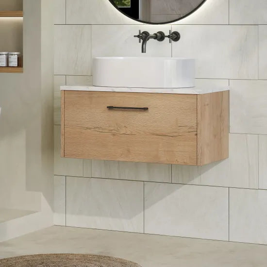 Hudson Reed Juno Autumn Oak 1 Drawer Wall Hung Vanity Unit With Carrara Laminate Worktop