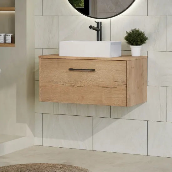 Hudson Reed Juno 600mm Autumn Oak 1 Drawer Wall Hung Vanity Unit With Co-ordinating Worktop