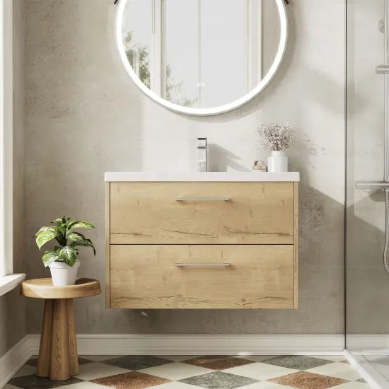 Hudson Reed Juno Autumn Oak 2 Drawer Wall Hung Vanity Unit With Mid-Edge Basin