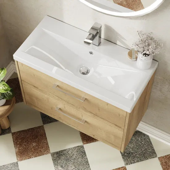 Hudson Reed Juno Autumn Oak 2 Drawer Wall Hung Vanity Unit With Mid-Edge Basin