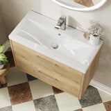 Hudson Reed Juno Autumn Oak 2 Drawer Wall Hung Vanity Unit With Mid-Edge Basin
