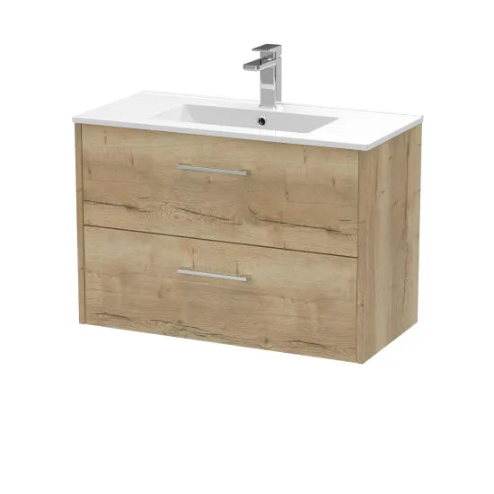 Hudson Reed Juno Autumn Oak 2 Drawer Wall Hung Vanity Unit With Minimalist Basin