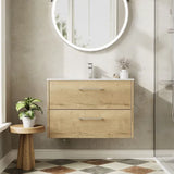 Hudson Reed Juno Autumn Oak 2 Drawer Wall Hung Vanity Unit With Minimalist Basin