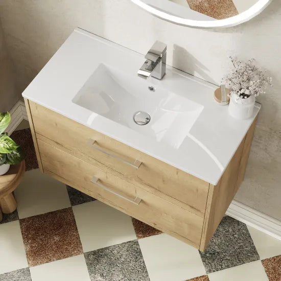 Hudson Reed Juno Autumn Oak 2 Drawer Wall Hung Vanity Unit With Minimalist Basin