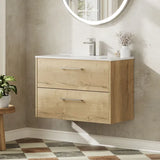 Hudson Reed Juno Autumn Oak 2 Drawer Wall Hung Vanity Unit With Minimalist Basin