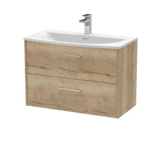 Hudson Reed Juno Autumn Oak 2 Drawer Wall Hung Vanity Unit With U-Shaped Curved Basin