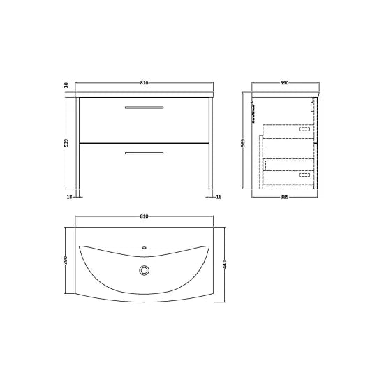 Hudson Reed Juno Autumn Oak 2 Drawer Wall Hung Vanity Unit With U-Shaped Curved Basin