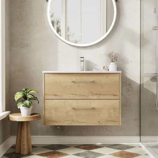 Hudson Reed Juno Autumn Oak 2 Drawer Wall Hung Vanity Unit With U-Shaped Curved Basin