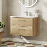 Hudson Reed Juno Autumn Oak 2 Drawer Wall Hung Vanity Unit With U-Shaped Curved Basin