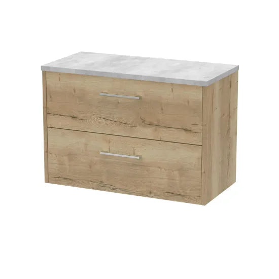 Hudson Reed Juno Autumn Oak 2 Drawer Wall Hung Vanity Unit With Bellato Grey Worktop