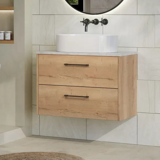 Hudson Reed Juno Autumn Oak 2 Drawer Wall Hung Vanity Unit With Bellato Grey Worktop