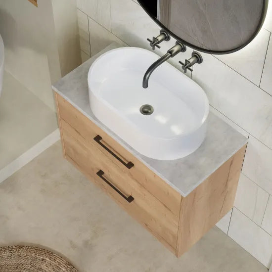 Hudson Reed Juno Autumn Oak 2 Drawer Wall Hung Vanity Unit With Bellato Grey Worktop