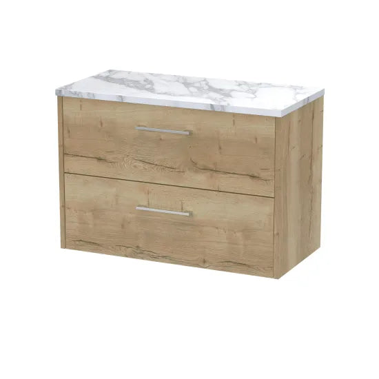 Hudson Reed Juno Autumn Oak 2 Drawer Wall Hung Vanity Unit With Carrara Laminate Worktop