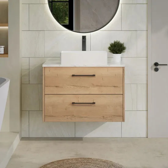 Hudson Reed Juno Autumn Oak 2 Drawer Wall Hung Vanity Unit With Carrara Laminate Worktop