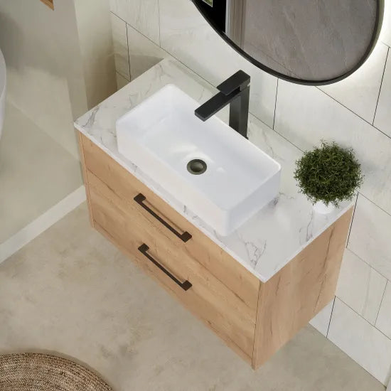 Hudson Reed Juno Autumn Oak 2 Drawer Wall Hung Vanity Unit With Carrara Laminate Worktop