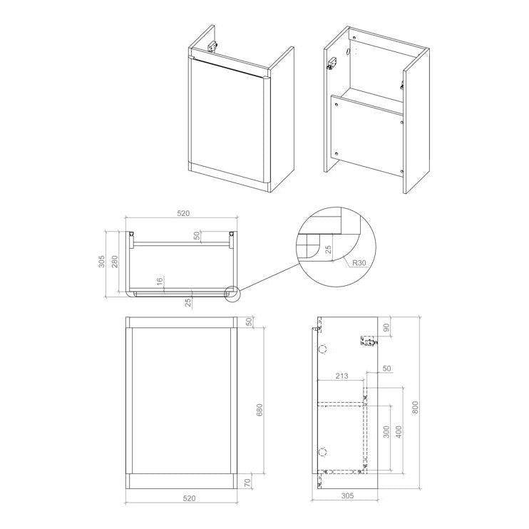 Kuba 550mm Floor Standing Slim Depth 1 Door Basin Unit & 1TH Basin