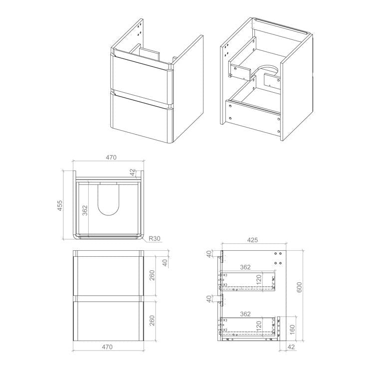 Kuba Wall Hung 2 Drawer Basin Unit & 1TH Basin