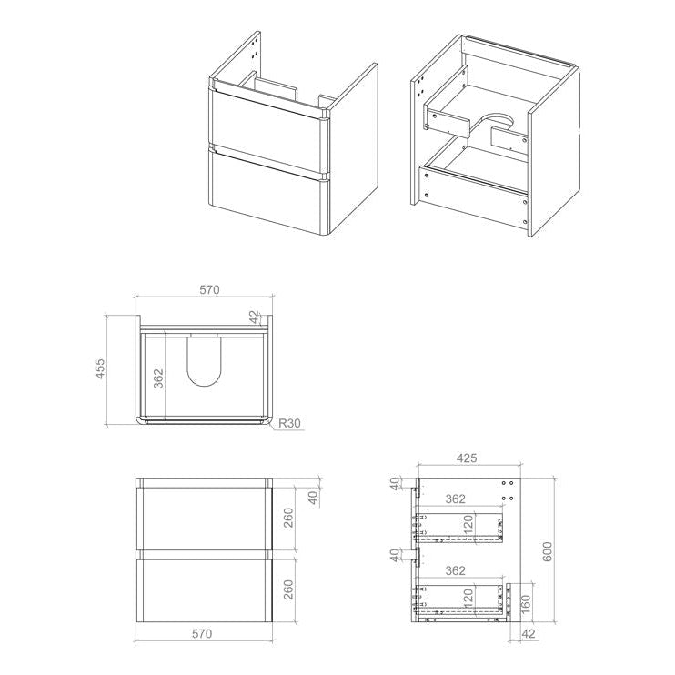 Kuba Wall Hung 2 Drawer Basin Unit & 1TH Basin