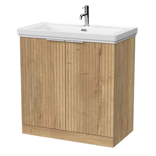 nuie lux Flume 800mm Autumn Oak 2 Door Floor Standing Vanity Unit With 1 Tap Hole Fireclay Basin With Ceramic Basin
