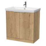 nuie lux Flume 800mm Autumn Oak 2 Door Floor Standing Vanity Unit With 1 Tap Hole Fireclay Basin With Ceramic Basin