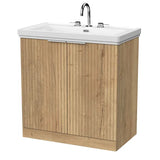 nuie lux Flume 800mm Autumn Oak 2 Door Floor Standing Vanity Unit With 3 Tap Holes Fireclay Basin
