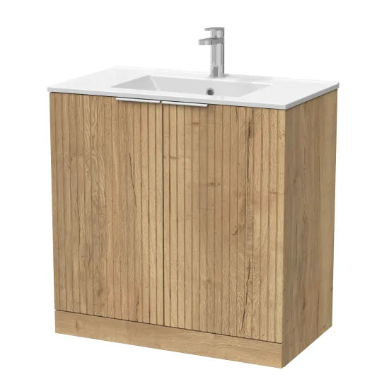 nuie lux Flume 800mm Autumn Oak 2 Door Floor Standing Vanity Unit With 1 Tap Hole Basin With Worktop