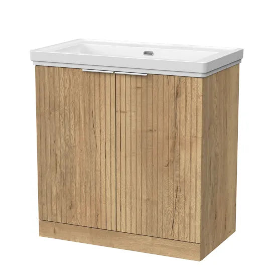 nuie lux Flume 800mm Autumn Oak 2 Door Floor Standing Vanity Unit With Fireclay Basin
