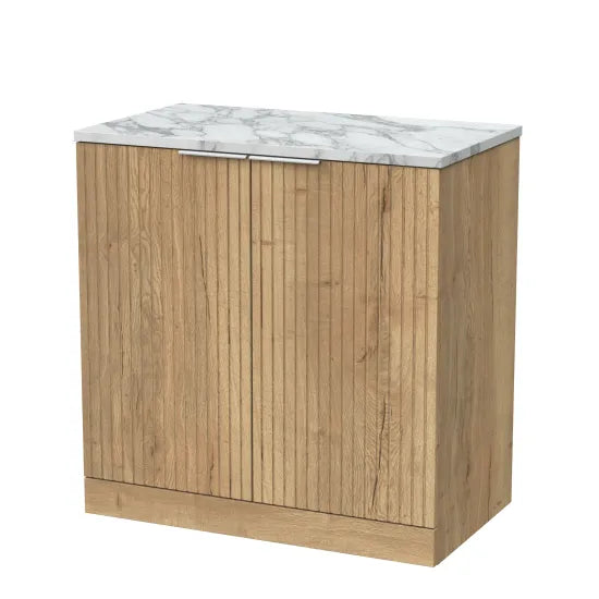 nuie lux Flume 800mm Autumn Oak 2 Door Floor Standing Vanity Unit With Carrara Laminate Worktop