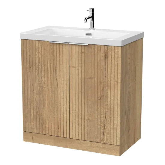 nuie lux Flume 800mm Autumn Oak 2 Door Floor Standing Vanity Unit With 1 Tap Hole Fireclay Basin