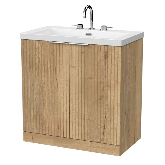 nuie lux Flume 800mm Autumn Oak 2 Door Floor Standing Vanity Unit With 3 Tap Holes Fireclay Basin