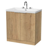 nuie lux Flume 800mm Autumn Oak 2 Door Floor Standing Vanity Unit With 3 Tap Holes Fireclay Basin
