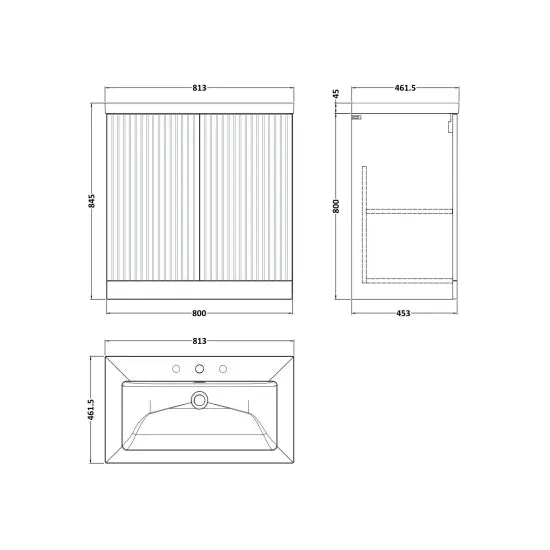 nuie lux Flume 800mm Autumn Oak 2 Door Floor Standing Vanity Unit With 3 Tap Holes Fireclay Basin