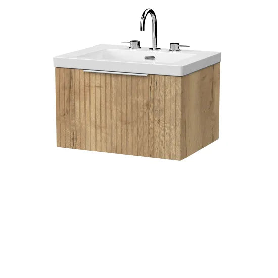 nuie lux Flume 600mm Autumn Oak 1 Drawer Wall Hung Vanity Unit With 3 Tap Holes Fireclay Square Basin