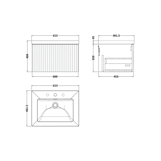 nuie lux Flume 600mm Autumn Oak 1 Drawer Wall Hung Vanity Unit With 3 Tap Holes Fireclay Square Basin