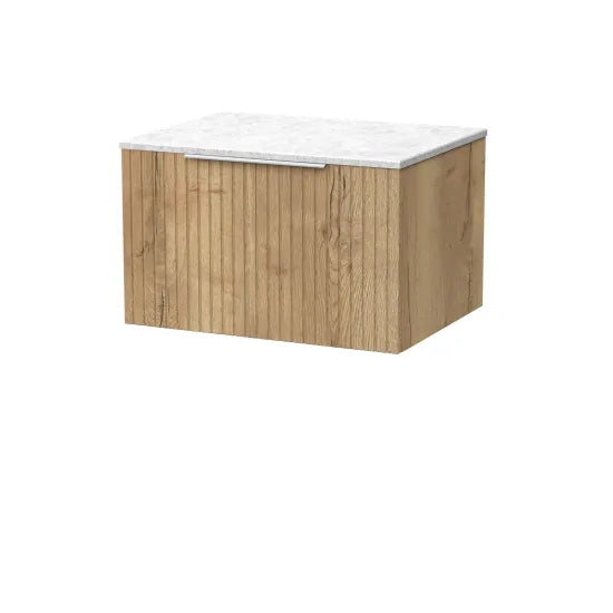 nuie lux Flume 600mm Autumn Oak 1 Drawer Wall Hung Vanity Unit With White Marble Worktop