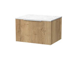 nuie lux Flume 600mm Autumn Oak 1 Drawer Wall Hung Vanity Unit With White Marble Worktop