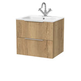 nuie lux Flume Autumn Oak 600mm Wall Hung 2-Drawer Unit & Stone Basin 1TH