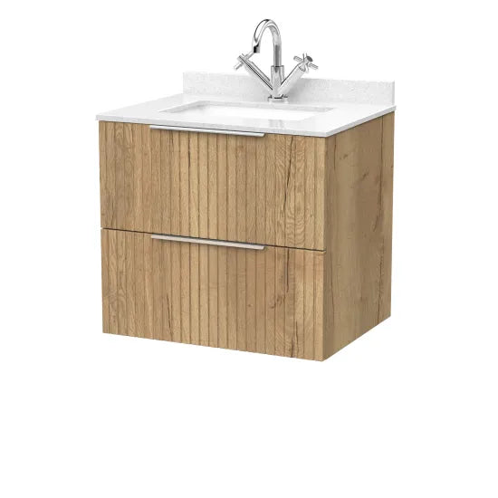 nuie lux Flume Autumn Oak 2 Drawer Wall Hung Vanity Unit With 1 Tap Hole Marble Worktop