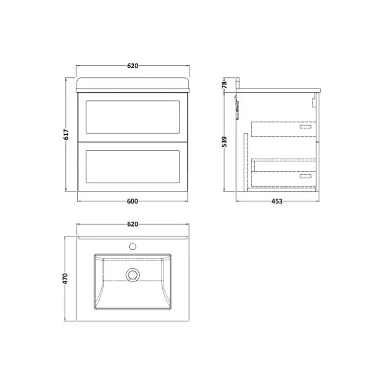 nuie lux Flume Autumn Oak 2 Drawer Wall Hung Vanity Unit With 1 Tap Hole Marble Worktop