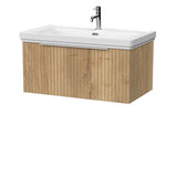 nuie lux Flume 800mm Autumn Oak 1 Drawer Wall Hung Vanity Unit With 1 Tap Hole Fireclay Basin With Ceramic Basin