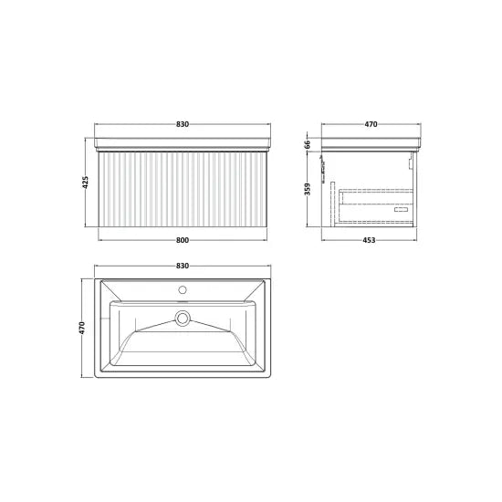 nuie lux Flume 800mm Autumn Oak 1 Drawer Wall Hung Vanity Unit With 1 Tap Hole Fireclay Basin With Ceramic Basin