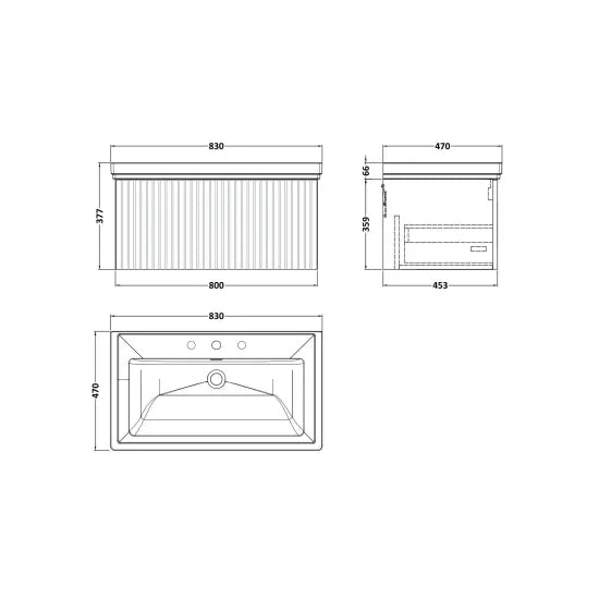 nuie lux Flume 800mm Autumn Oak 1 Drawer Wall Hung Vanity Unit With 3 Tap Holes Fireclay Basin