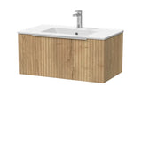 nuie lux Flume 800mm Autumn Oak 1 Drawer Wall Hung Vanity Unit With 1 Tap Hole Basin With Worktop
