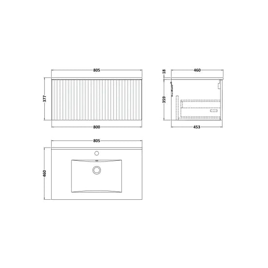 nuie lux Flume 800mm Autumn Oak 1 Drawer Wall Hung Vanity Unit With 1 Tap Hole Basin With Worktop